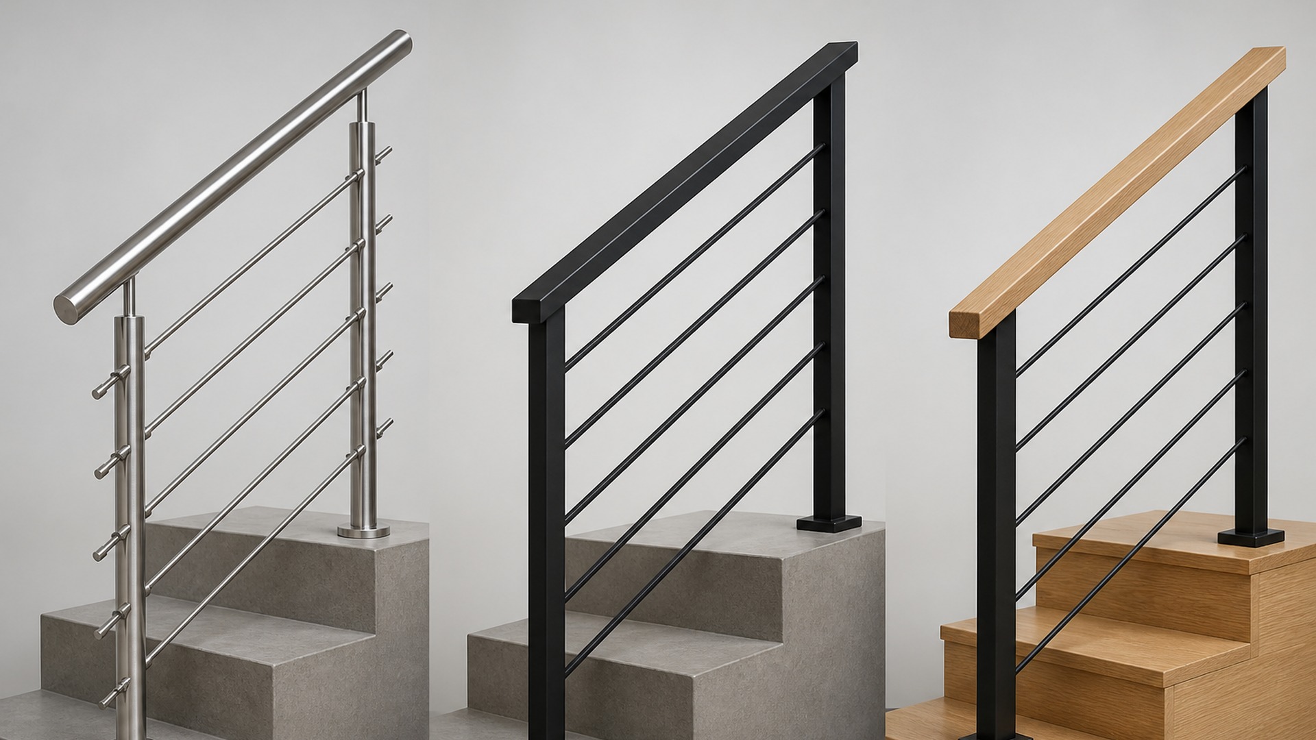 Three stair railing samples: brushed stainless cable, matte black bar, and black posts with a wood handrail.